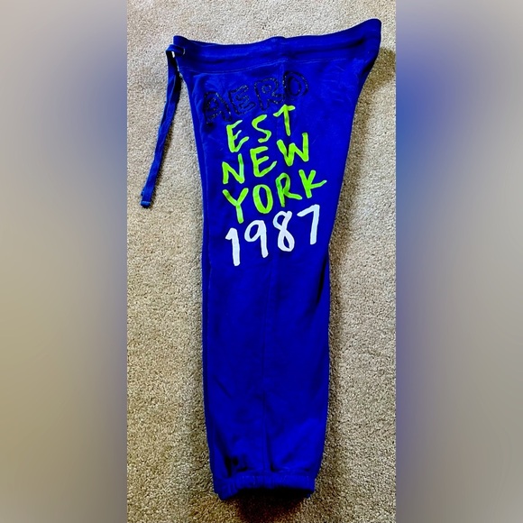 Aeropostale Pants - Aero Y2K Blue Capri Joggers with Neon Green and White Print
